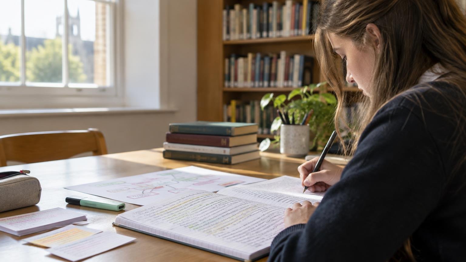 A student writes in a lined exercise book at a sunlit desk, with revision notes, highlighters and a stack of books beside a library bookshelf.