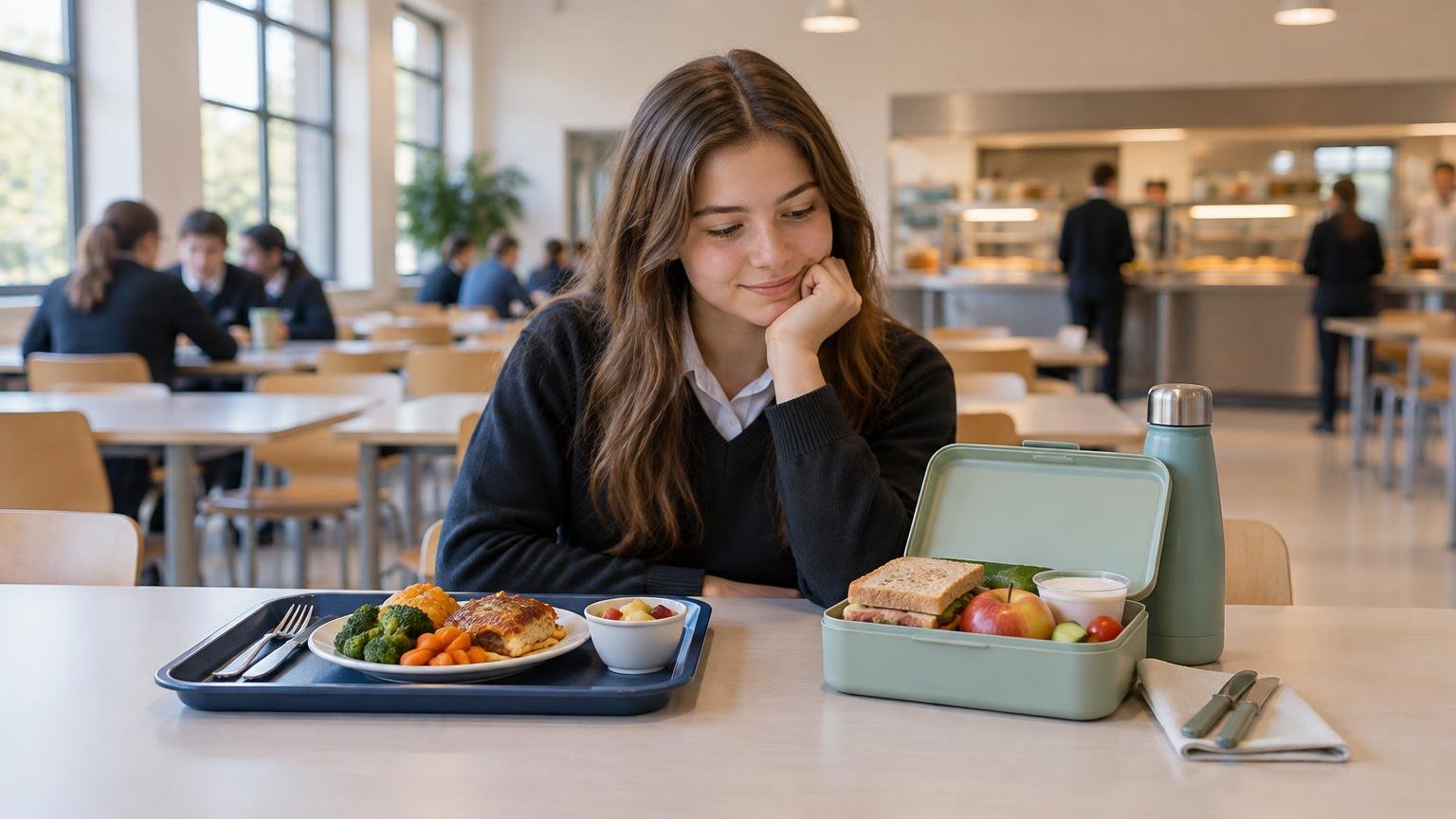 A secondary-school pupil in a dark uniform sits in a bright cafeteria, looking between a hot school meal on a tray and an open packed lunch box with sandwiches, fruit and a bottle of water.