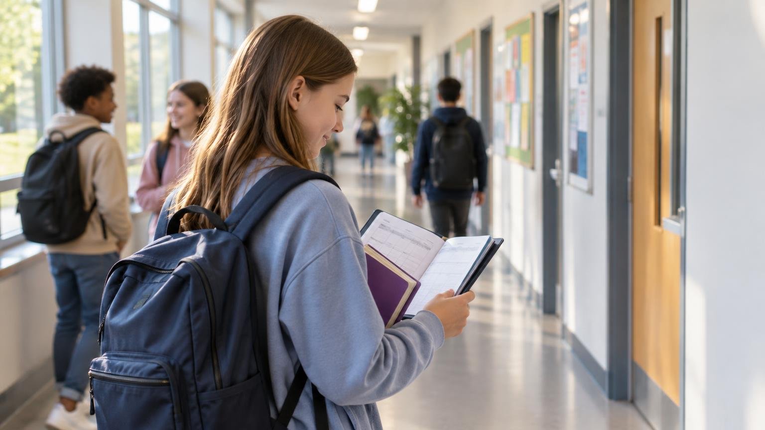 A student with a backpack checks a paper timetable and notebook in a bright school corridor while other students walk and talk nearby.