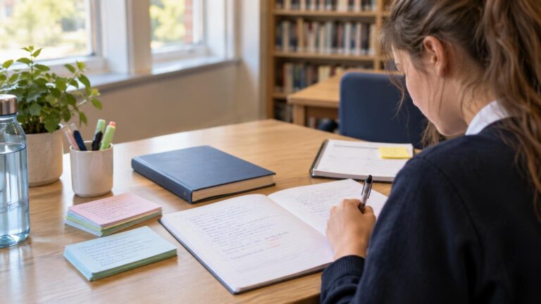 Student in a school uniform writing in a lined exercise book at a sunlit desk with revision flashcards, pens, a planner and a water bottle.