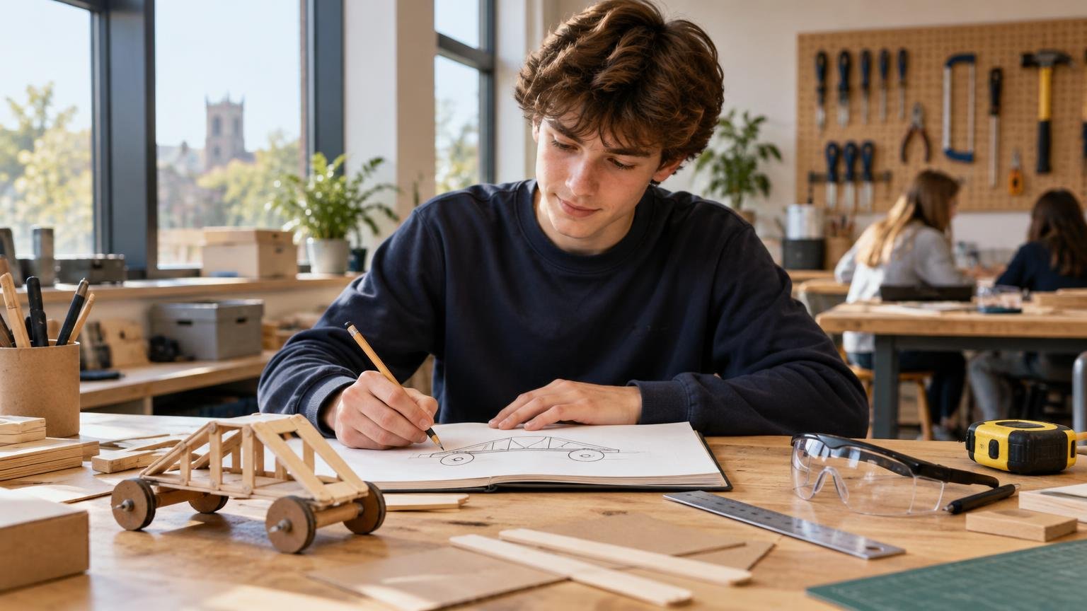 Student sketching a wooden vehicle design at a workshop table with a small handmade model, ruler, safety glasses and measuring tape.