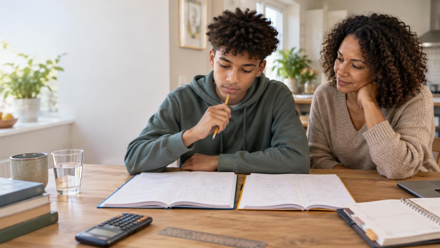 A teenager studies maths exercises in open notebooks at a wooden table while an adult woman sits beside him supportively; a calculator, ruler, books and glass of water are on the table.