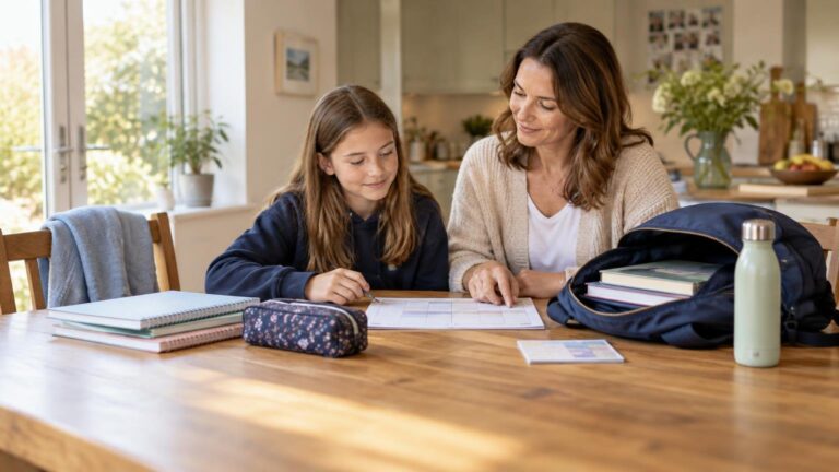 A parent and school-age child sit at a kitchen table, looking at a weekly planner beside notebooks, a pencil case, school books, a backpack and a water bottle.