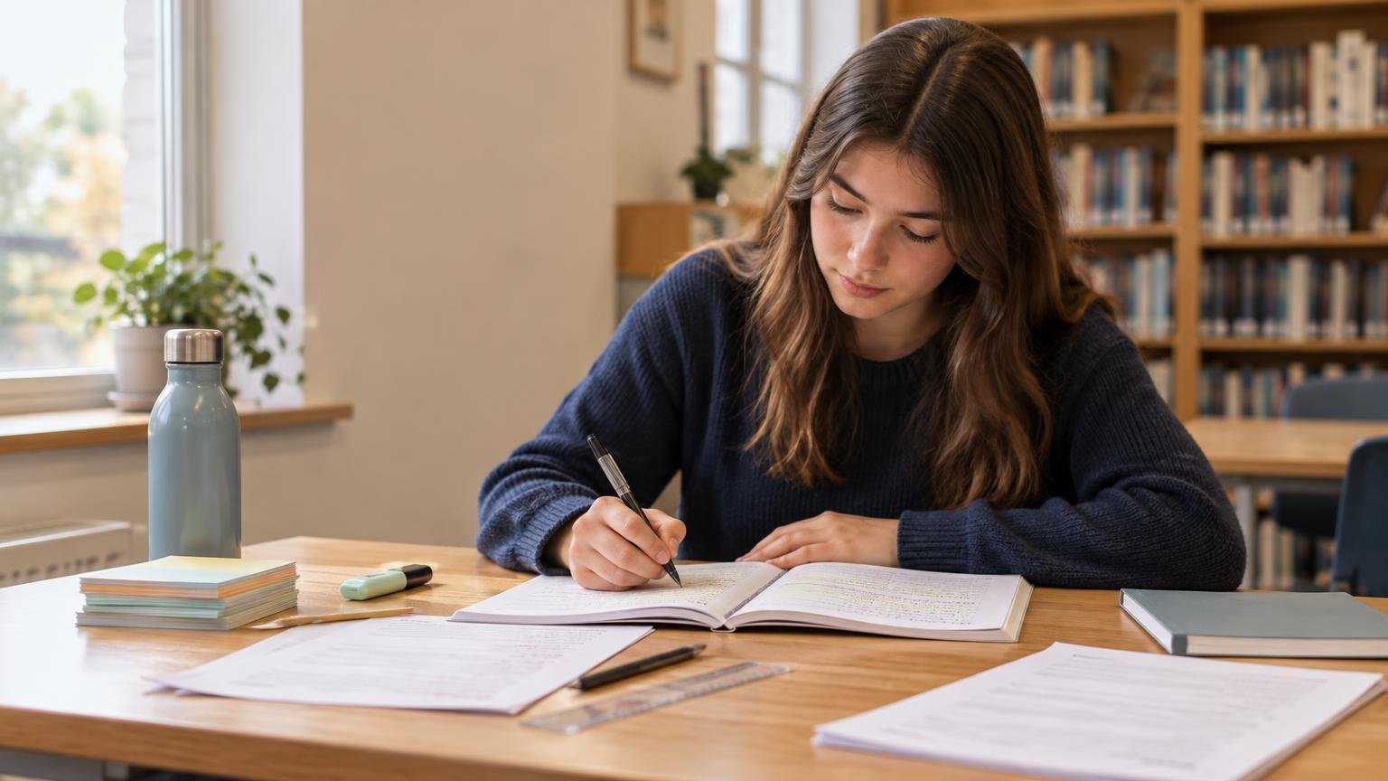 A student writes in an open exercise book at a wooden desk in a bright library, with loose worksheets, a ruler, highlighter, sticky notes and a reusable water bottle nearby.