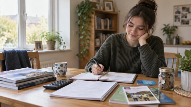 Young woman at a sunlit dining table writes in a planner beside notebooks, a calculator, brochures, a mug and a jar of coins, suggesting budgeting and planning for a gap year.