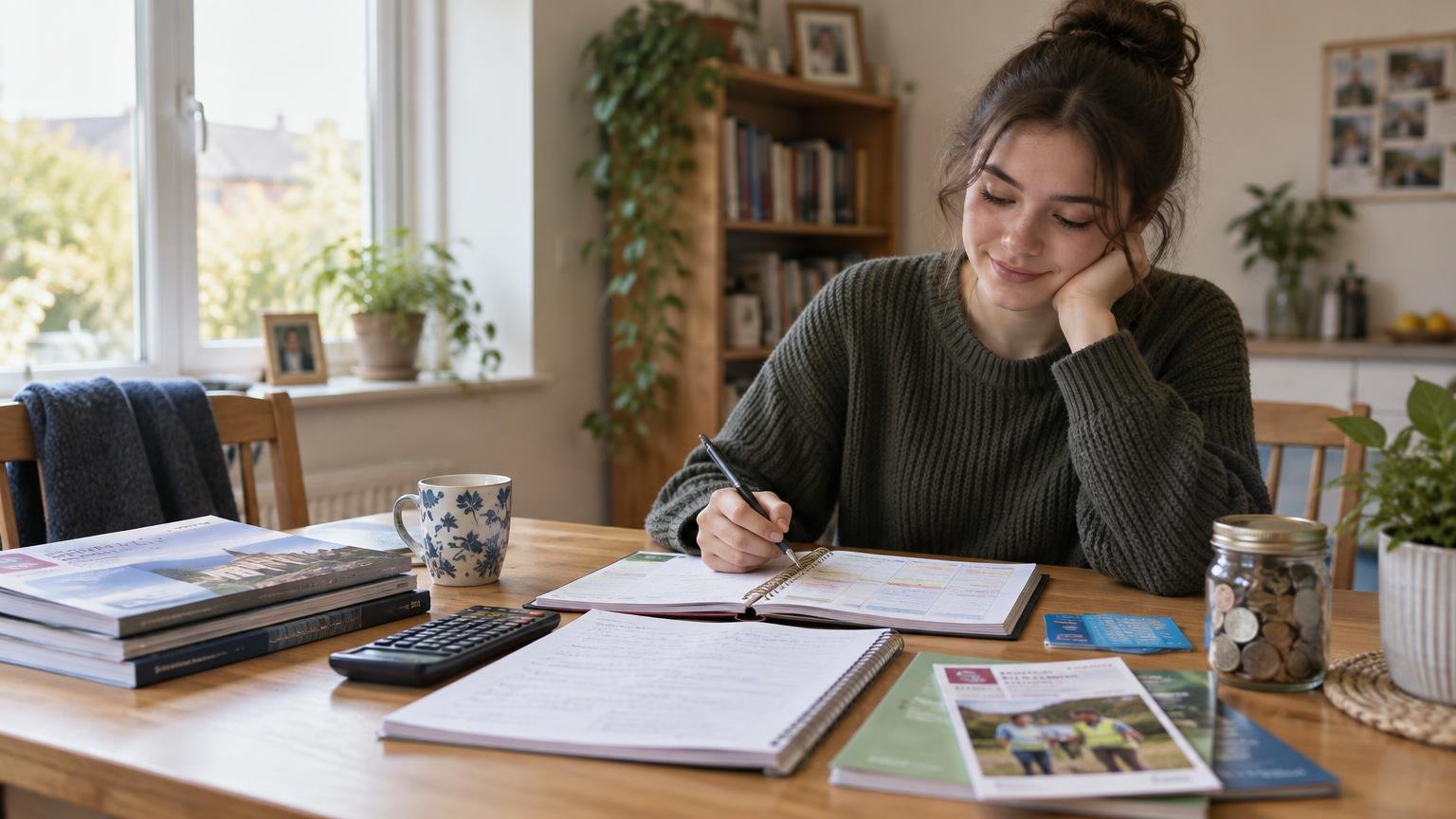 Young woman at a sunlit dining table writes in a planner beside notebooks, a calculator, brochures, a mug and a jar of coins, suggesting budgeting and planning for a gap year.