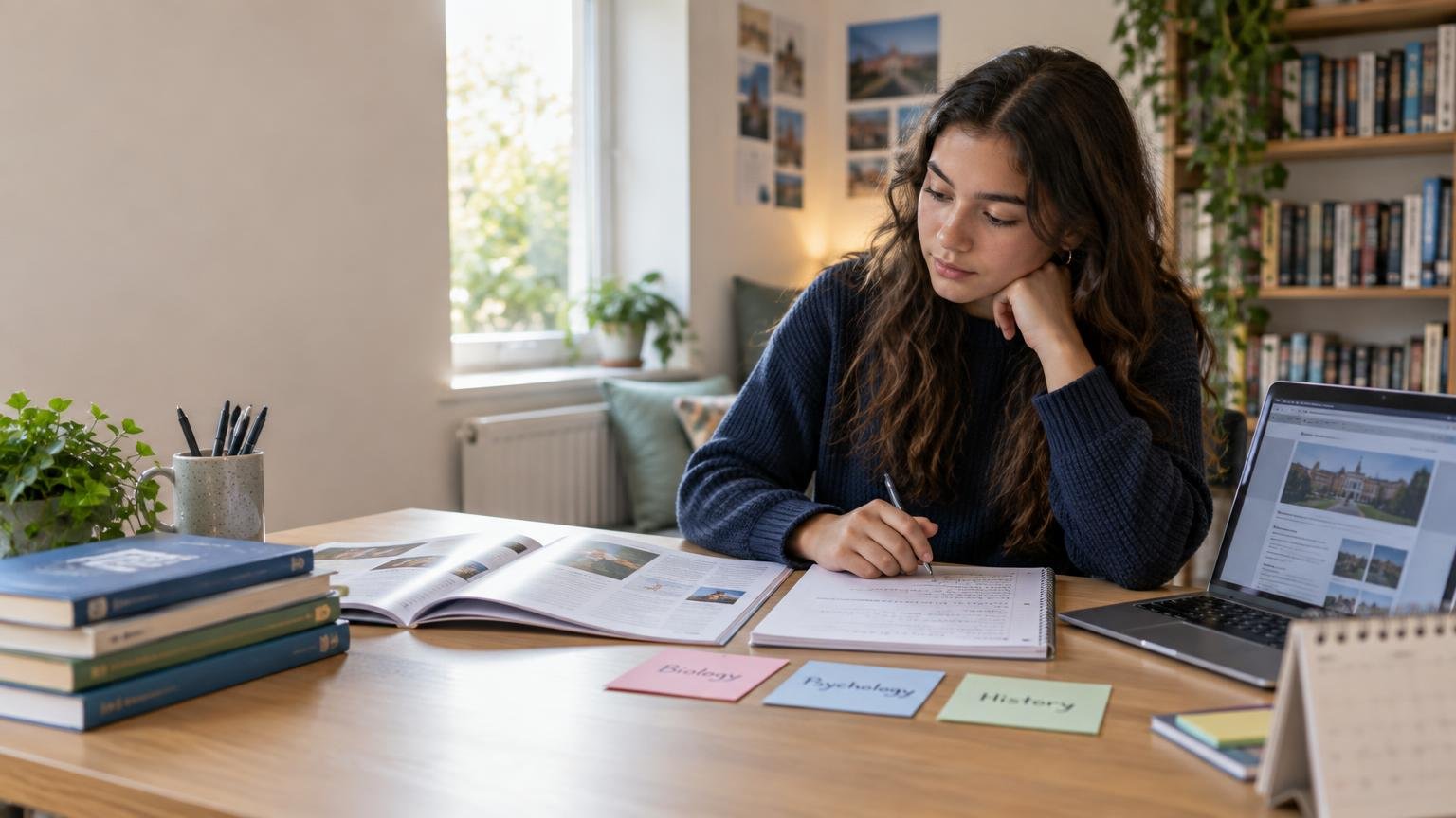 A young woman studies at a desk in a book-lined room, writing in a notebook beside textbooks, an open laptop and subject-labelled revision cards.